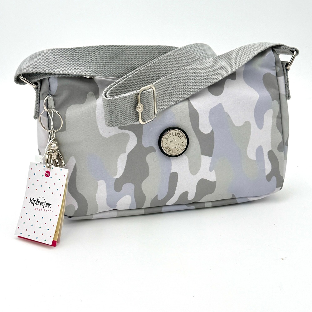 Kipling Grey Camo Nylon Crossbody Bag with Monkey Keychain New